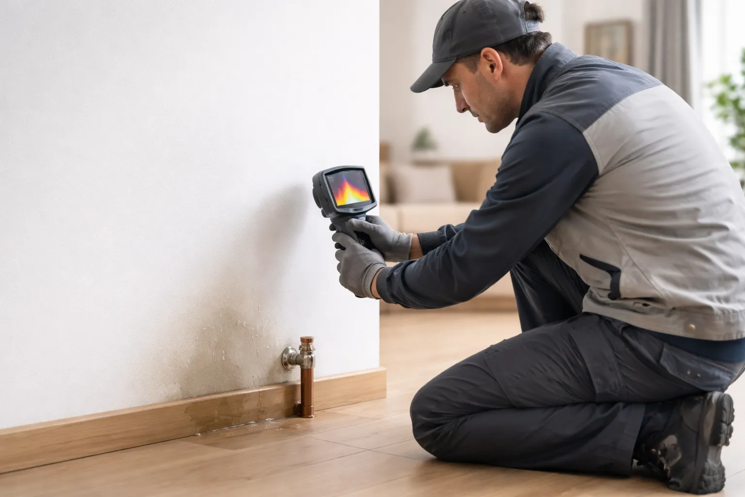 Plombier à Toulouse utilisant une caméra thermique pour détecter une fuite d’eau derrière un mur dans un appartement moderne, avec traces d’humidité près de la plinthe.