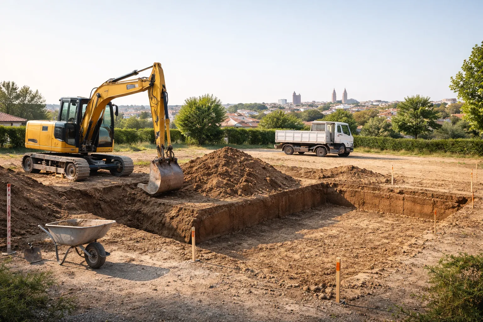 Chantier de terrassement à Toulouse avec pelleteuse et terre excavée près d’une maison, illustrant le coût des travaux et l’évacuation des déblais