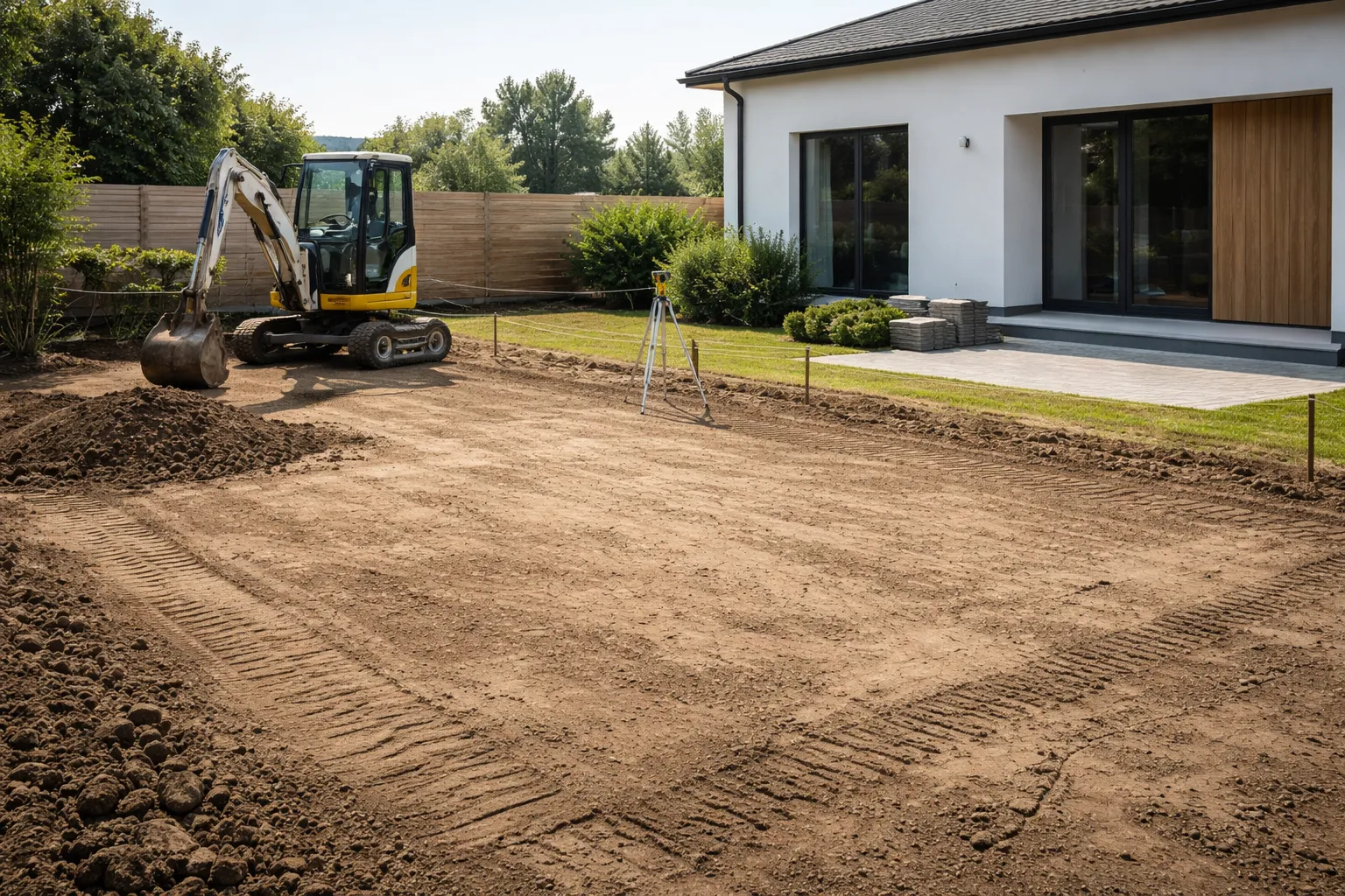 Terrassement de jardin avec terrain nivelé, mini-pelle et piquets de repérage pour préparer l’aménagement paysager