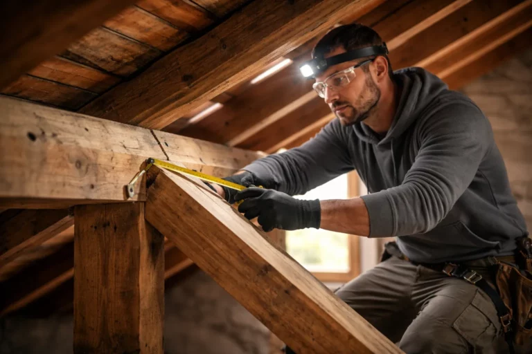 Charpentier Clermont-le-Fort intervenant sur une charpente bois traditionnelle sur une maison près de Toulouse, inspection des assemblages sous la toiture.