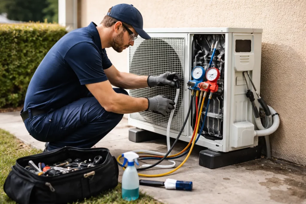 Climatisation Escalquens : un technicien réalise l’entretien d’une unité extérieure avec contrôle et nettoyage sur une terrasse.