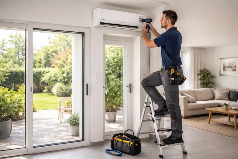 Climatisation Escalquens : un technicien installe une unité intérieure murale dans un salon de maison près de Toulouse.