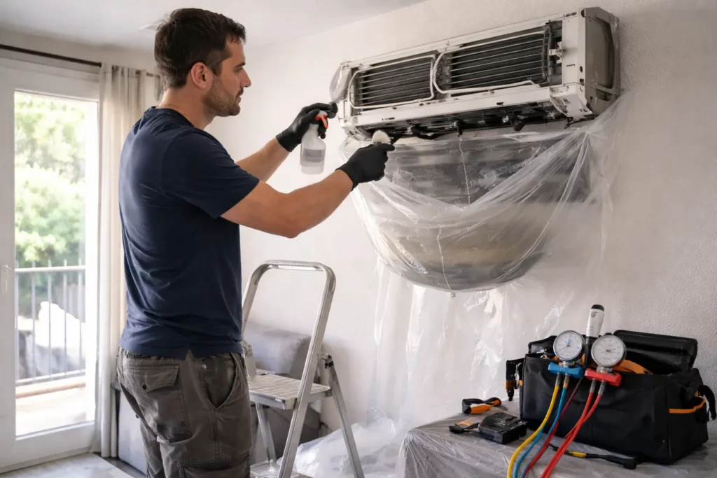 Climatisation Labège : un technicien réalise l’entretien d’un split mural avec nettoyage des filtres et contrôle au manomètre.