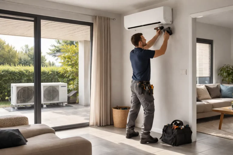 Climatisation Labège : un technicien installe une unité intérieure murale dans un salon moderne, avec l’unité extérieure visible sur la terrasse.