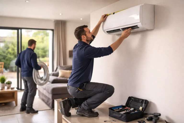 Climatisation Saint-Orens-de-Gameville avec un technicien installant une unité intérieure murale dans un salon de maison récente.