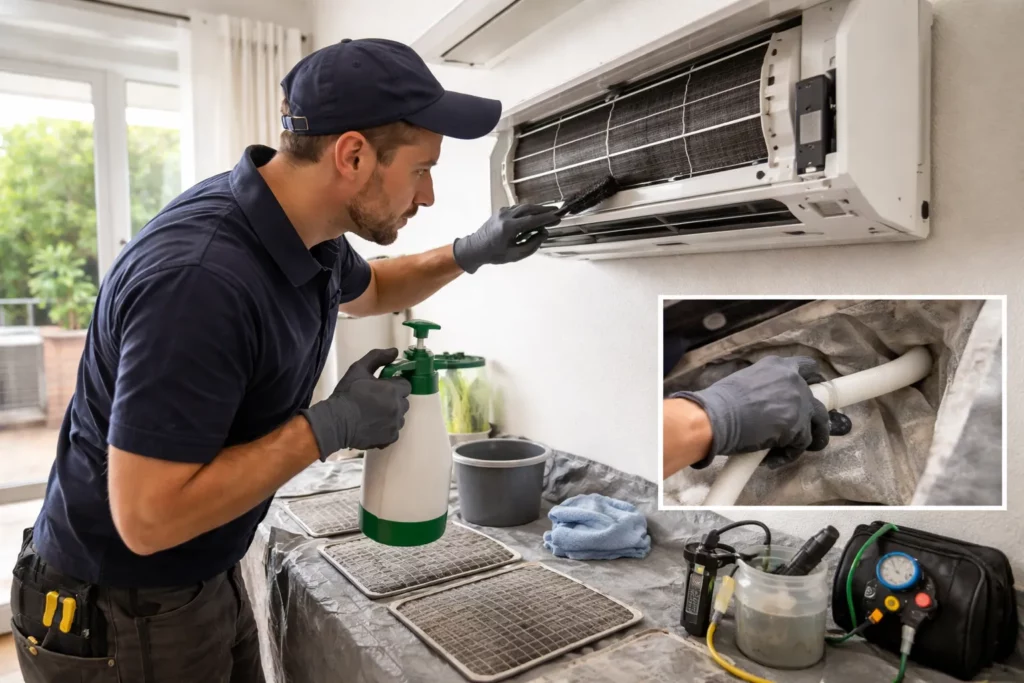 Climatisation Villeneuve-Tolosane lors d’un entretien avec un technicien nettoyant les filtres d’une unité intérieure et contrôlant les performances.
