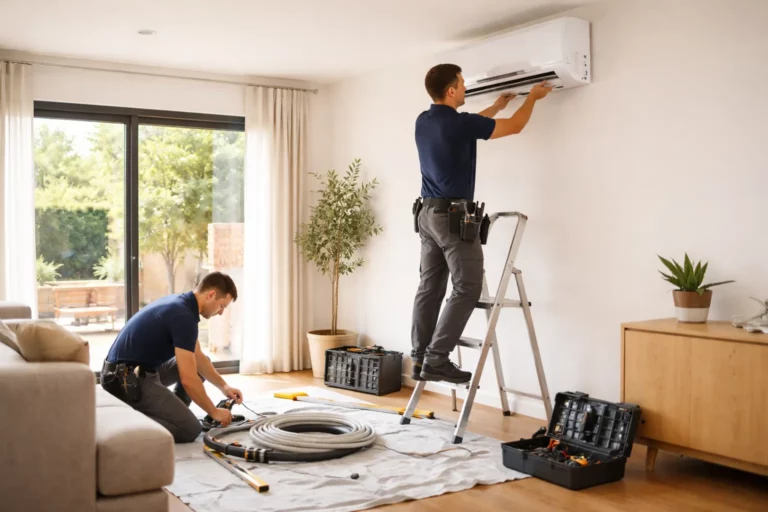 Climatisation Villeneuve-Tolosane avec un technicien installant une unité intérieure split dans le salon d’une maison récente près de Toulouse.
