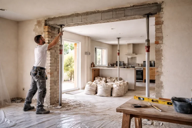 Le Maçon Plaisance-du-Touch réalise une ouverture de mur porteur dans une maison toulousaine, avec étais en place et linteau posé.