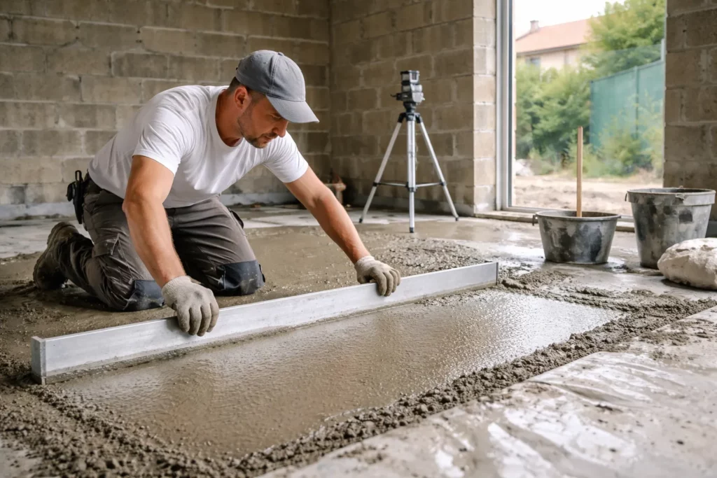 Le Maçon Plaisance-du-Touch tire une chape sur une dalle béton dans un garage, avec règle aluminium et niveau pour obtenir une surface plane.