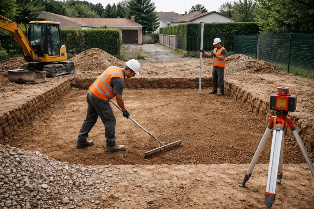 Terrassement L'Union montrant un nivellement précis au laser sur une plateforme décaissée, avec contrôle des pentes et préparation avant fondations.