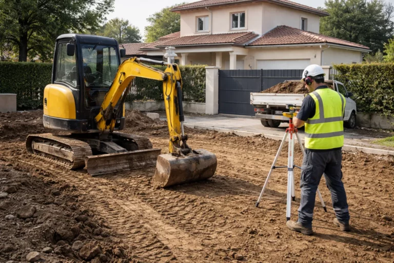 Terrassement L'Union sur un terrain résidentiel à L’Union, avec une mini-pelle en action et un sol fraîchement nivelé prêt pour la suite du chantier.