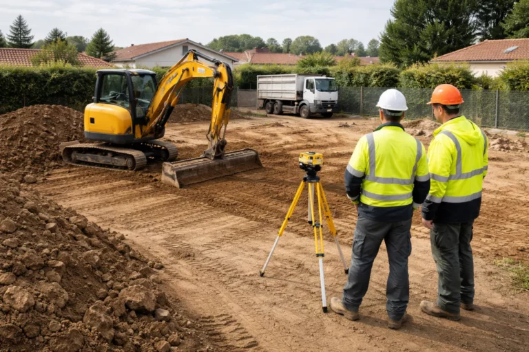 Terrassement Plaisance-du-Touch avec une pelle mécanique en train de niveler un terrain sur un chantier de maison individuelle en périphérie résidentielle.