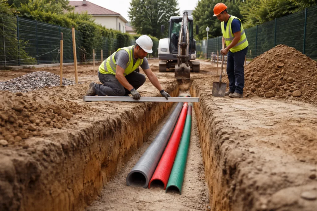 Terrassement Plaisance-du-Touch montrant l’ouverture d’une tranchée réseaux avec gaines posées sur lit de sable avant remblaiement.