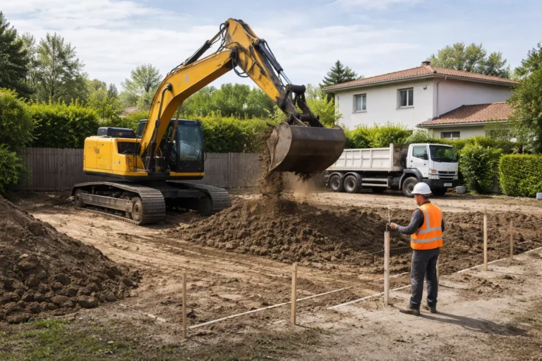Terrassement Tournefeuille avec pelle mécanique réalisant un décaissement sur un terrain de maison individuelle en périphérie toulousaine.