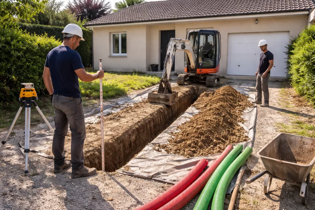 Terrassement Tournefeuille montrant l’ouverture d’une tranchée réseaux le long d’une maison avec contrôle des niveaux et tas de terre stockés proprement.