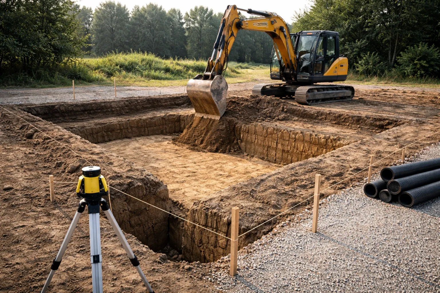 Chantier de terrassement résidentiel avec pelleteuse creusant une tranchée de fondations, piquets d’implantation et niveau laser, illustrant les étapes du terrassement.