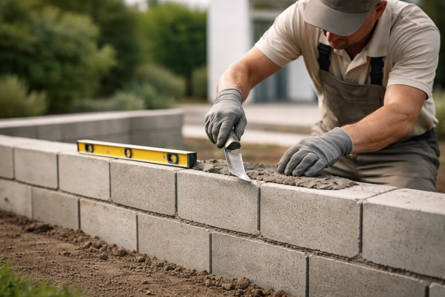 Un maçon qualifié construit un muret de jardin en blocs de béton, en appliquant le mortier et en contrôlant l’alignement avec un niveau, dans une ambiance lumineuse et réaliste.