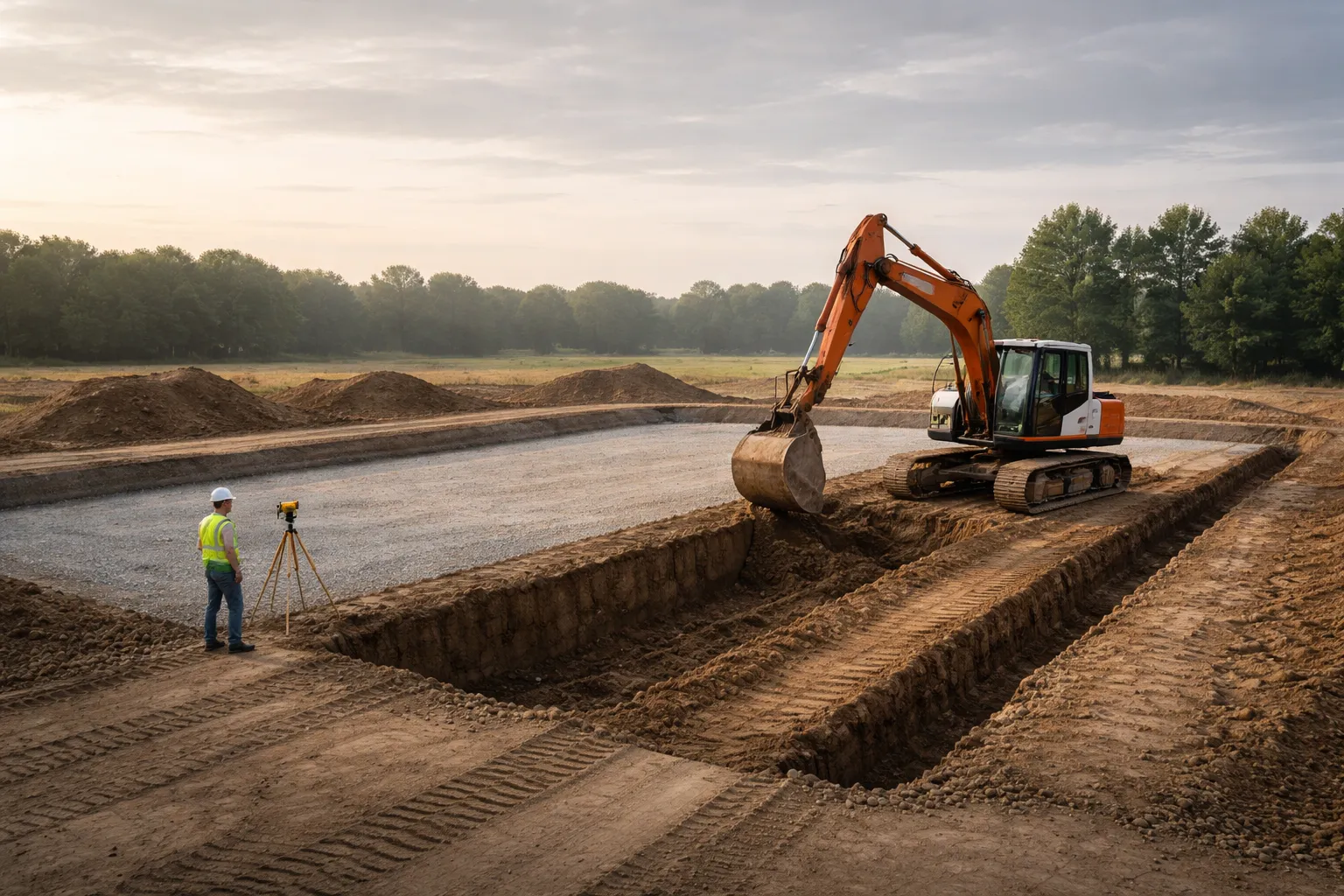 Excavatrice réalisant le nivellement et l’excavation d’un terrain pour des fondations de maison, avec un géomètre au trépied sur un chantier de terrassement en lumière naturelle.
