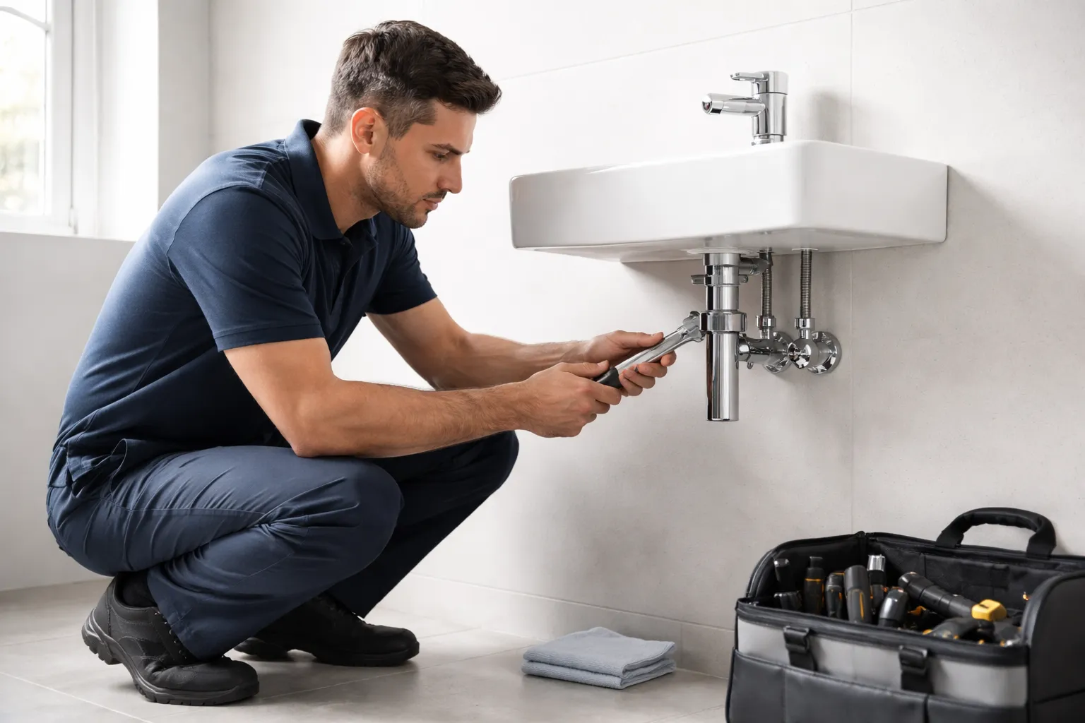 Un plombier ramonville répare une fuite sous un lavabo avec un outillage professionnel dans une salle de bain moderne et épurée.