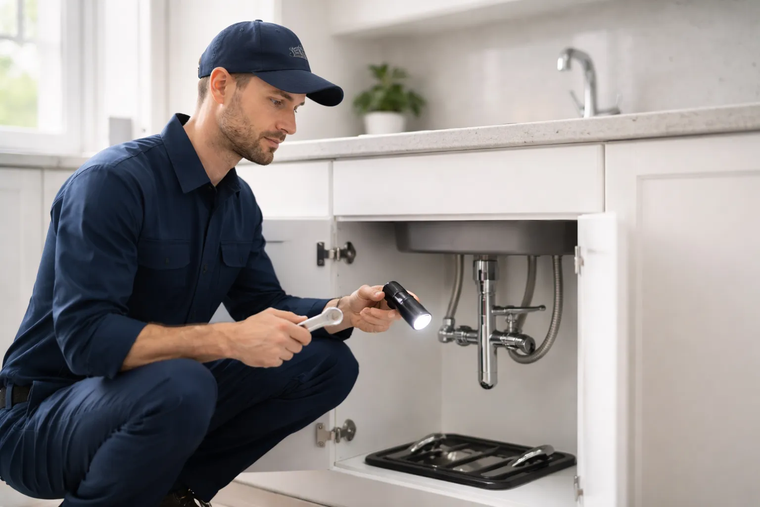 Plombier l'union intervenant sous un évier de cuisine moderne pour contrôler une fuite et sécuriser la robinetterie avec des outils professionnels.