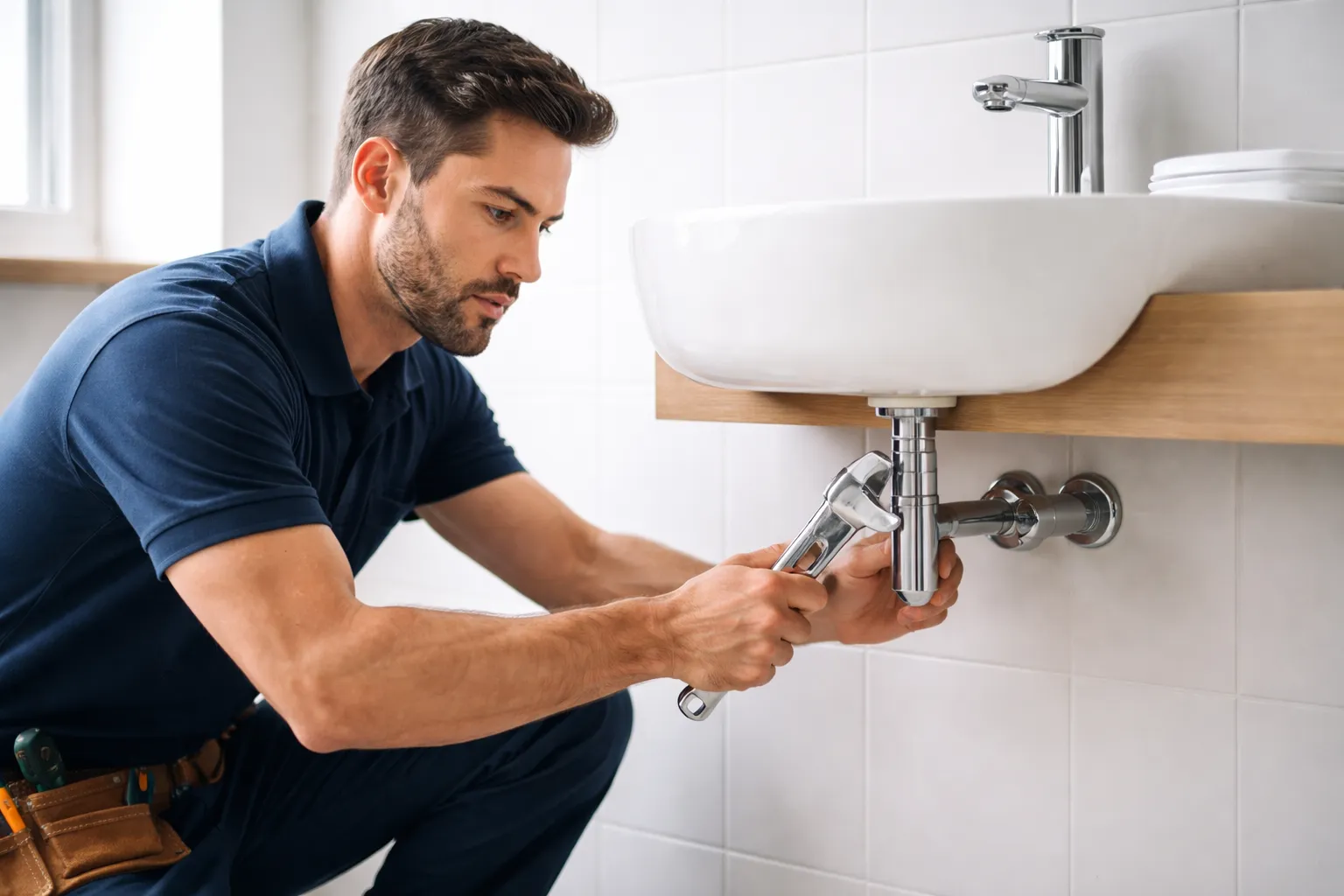 Un plombier castanet tolosan resserre un robinet d’arrêt sous un lavabo dans une salle de bain moderne et lumineuse.