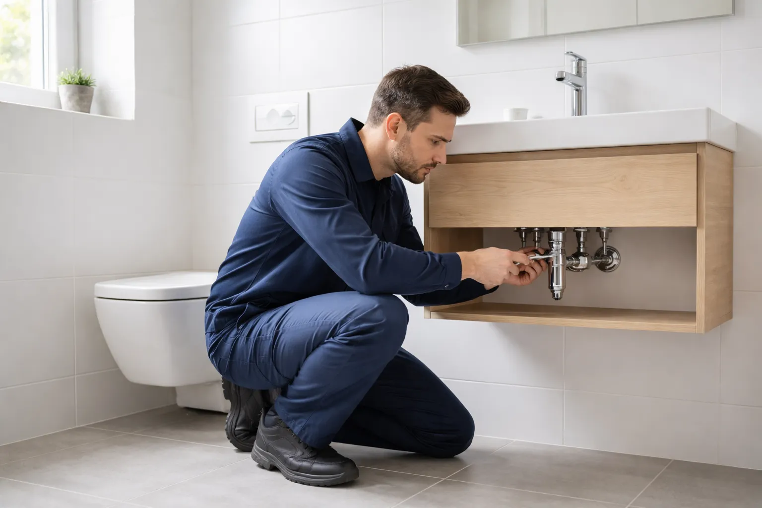 Un plombier saint orens intervient dans une salle de bain moderne en ajustant une vanne sous un lavabo avec un outillage professionnel.