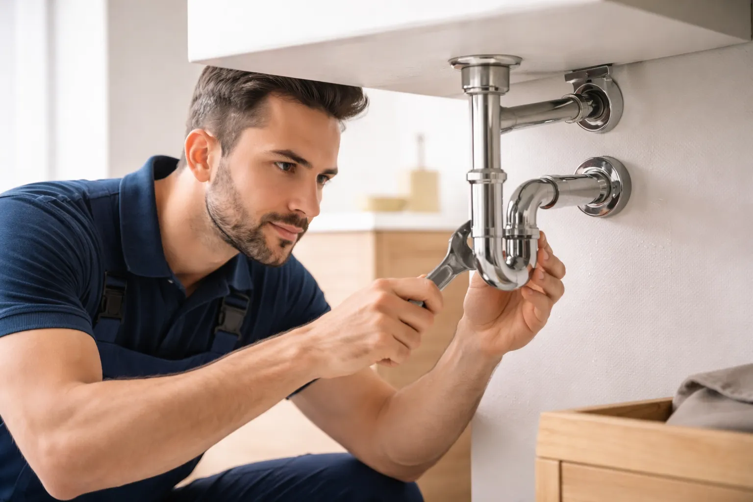 Un plombier muret répare le siphon sous un évier dans une salle de bain moderne et épurée, avec outils professionnels et lumière naturelle.