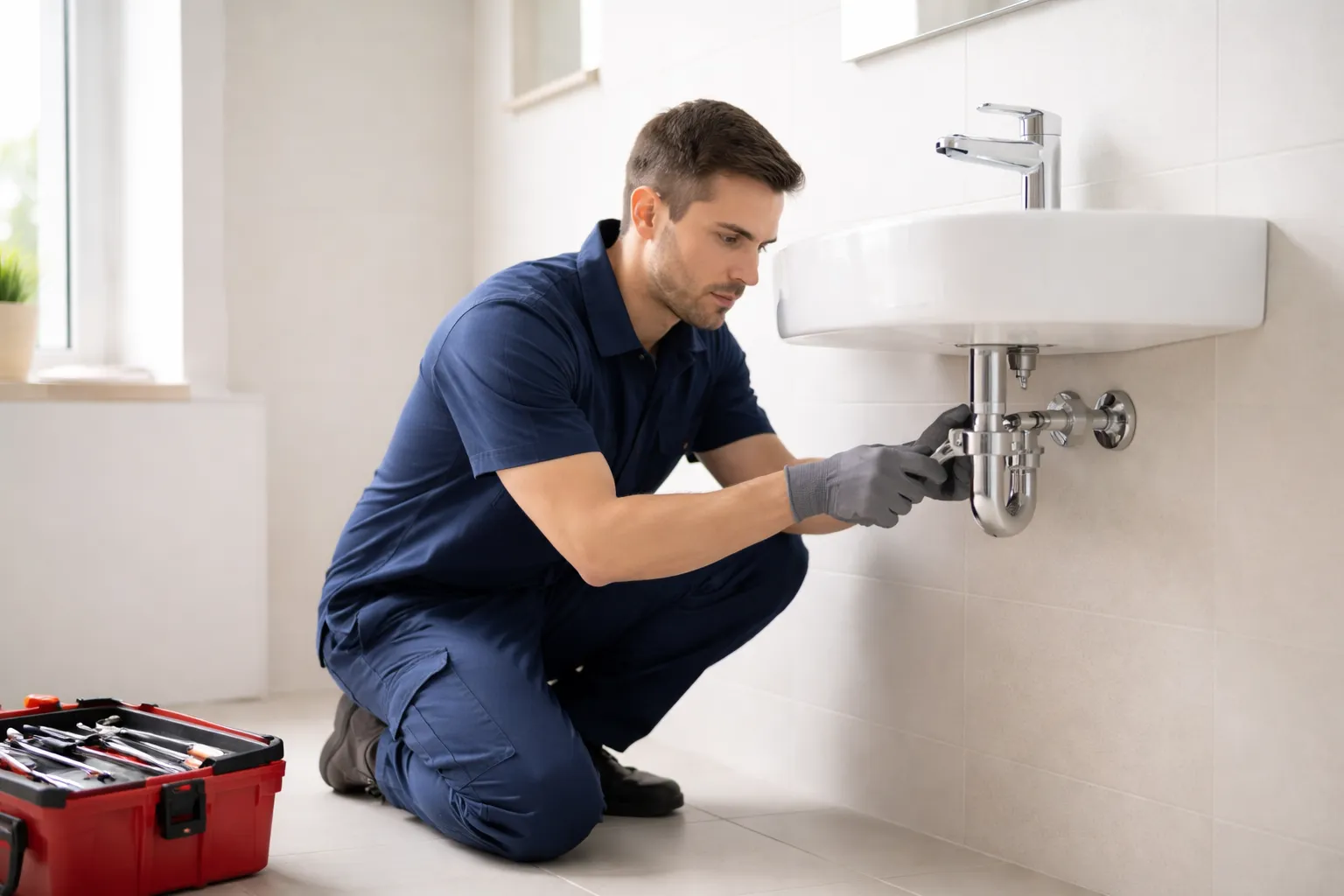 Plombier intervenant dans une salle de bain moderne à Castanet-Tolosan, serrant un raccord sous un lavabo avec une clé, outils posés à côté.