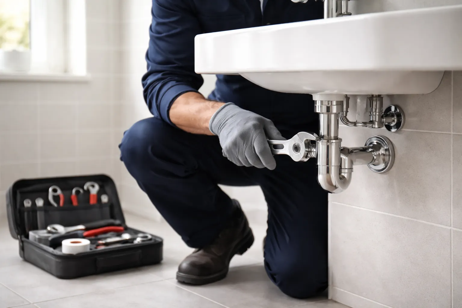 Plombier qualifié intervenant dans une salle de bain moderne à L’Union, serrant un raccord sous lavabo avec une clé et une boîte à outils à proximité