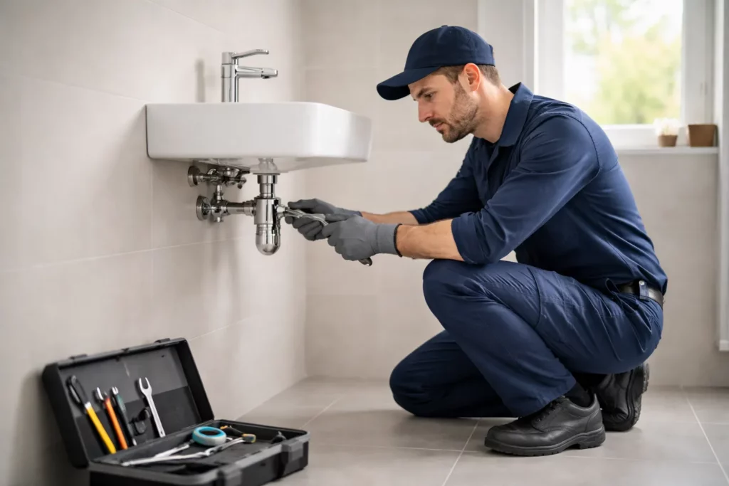 Plombier professionnel intervenant dans une salle de bain à Saint Orens, serrant un raccord sous un lavabo avec une clé, outils posés au sol dans un cadre propre et lumineux.