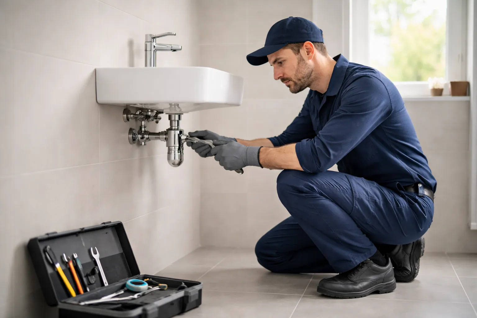 Plombier professionnel intervenant dans une salle de bain à Saint Orens, serrant un raccord sous un lavabo avec une clé, outils posés au sol dans un cadre propre et lumineux.