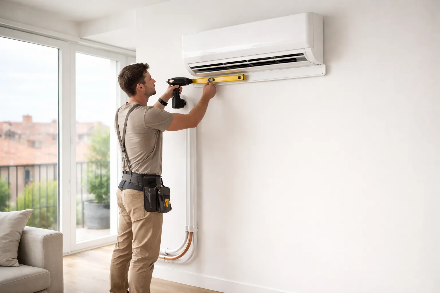 Installation climatisation Toulouse dans un salon moderne avec un installateur certifié posant une unité murale au rendu premium et réaliste.