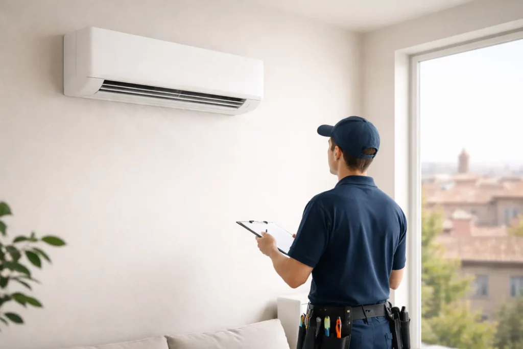 Technicien HVAC inspectant une climatisation murale moderne dans un intérieur lumineux avec vue floutée sur les toits de Toulouse