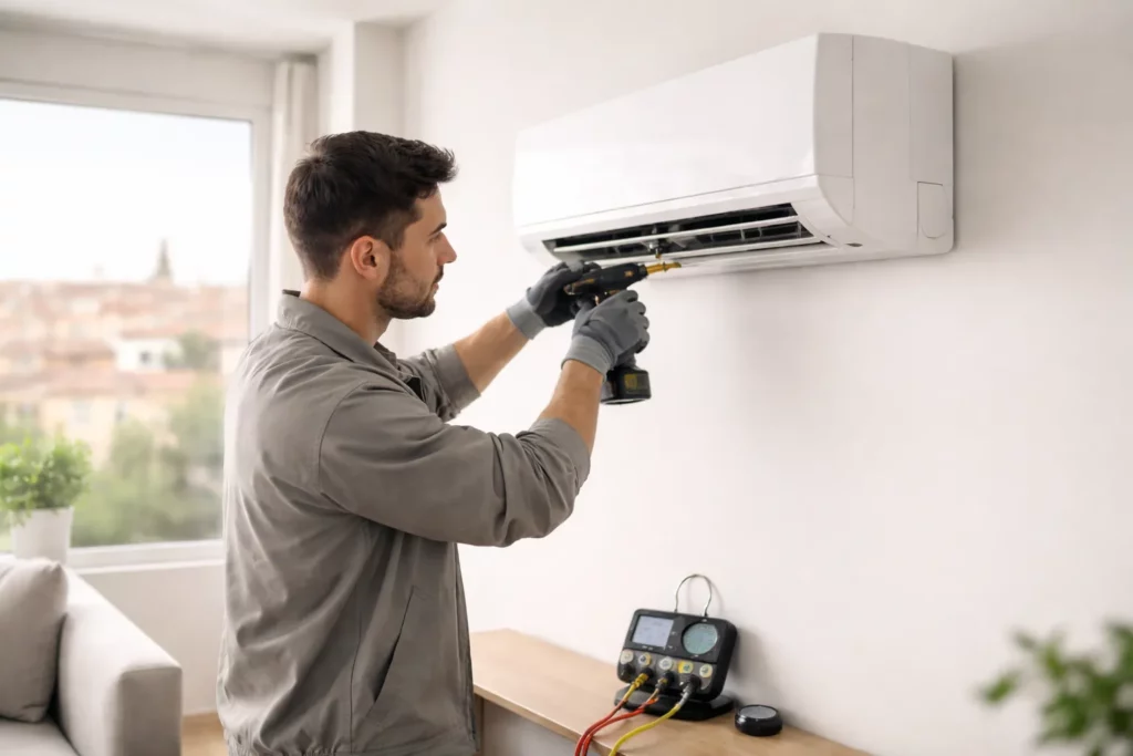 Technicien certifié installant une unité de climatisation murale dans un appartement moderne à Toulouse avec vue discrète sur les toits de la ville