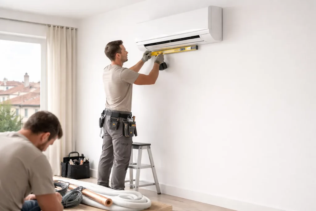 Technicien CVC certifié installant une unité de climatisation murale dans une maison moderne à Toulouse, avec outils et raccordements préparés au sol en lumière naturelle