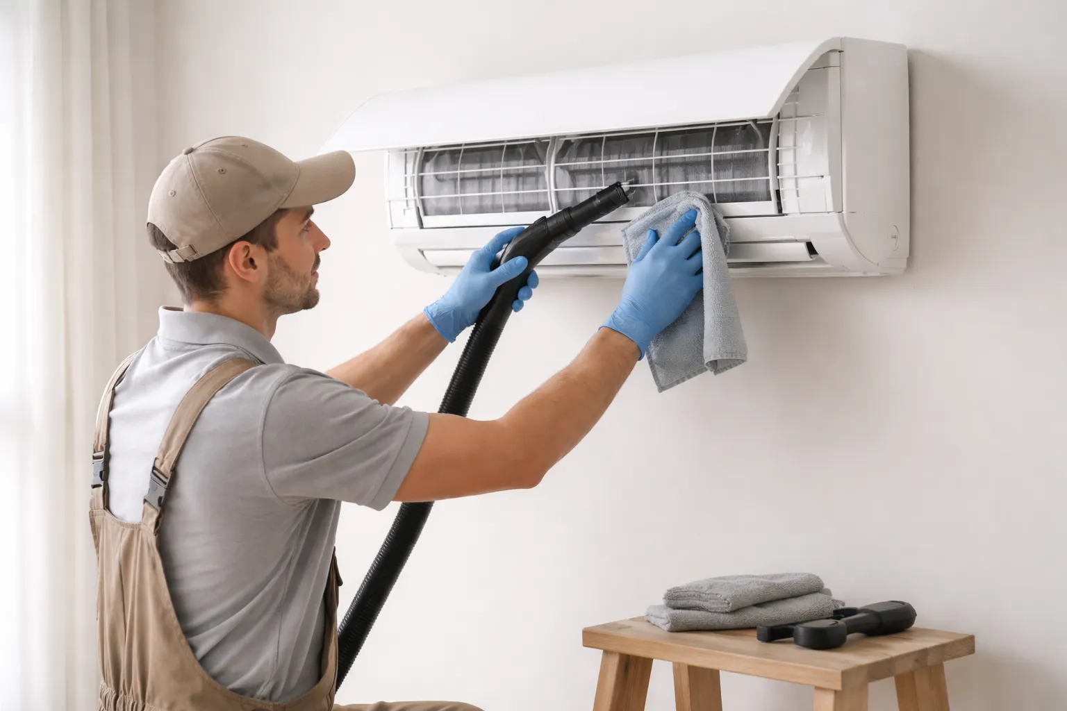 Un technicien réalise un entretien climatisation toulouse sur une unité murale en nettoyant les filtres dans un intérieur moderne et épuré.