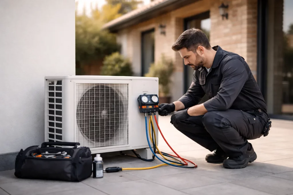 Technicien HVAC intervenant en urgence à Toulouse sur une climatisation en panne, diagnostic sur l’unité extérieure avec manomètres et outils, scène photoréaliste et minimaliste.