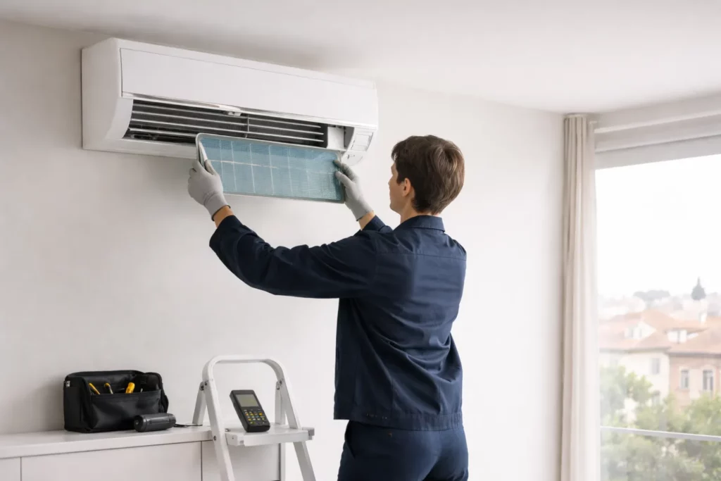 Technicien réalisant l’entretien d’une climatisation murale dans un appartement à Toulouse, avec ouverture de l’unité et retrait du filtre pour maintenance.