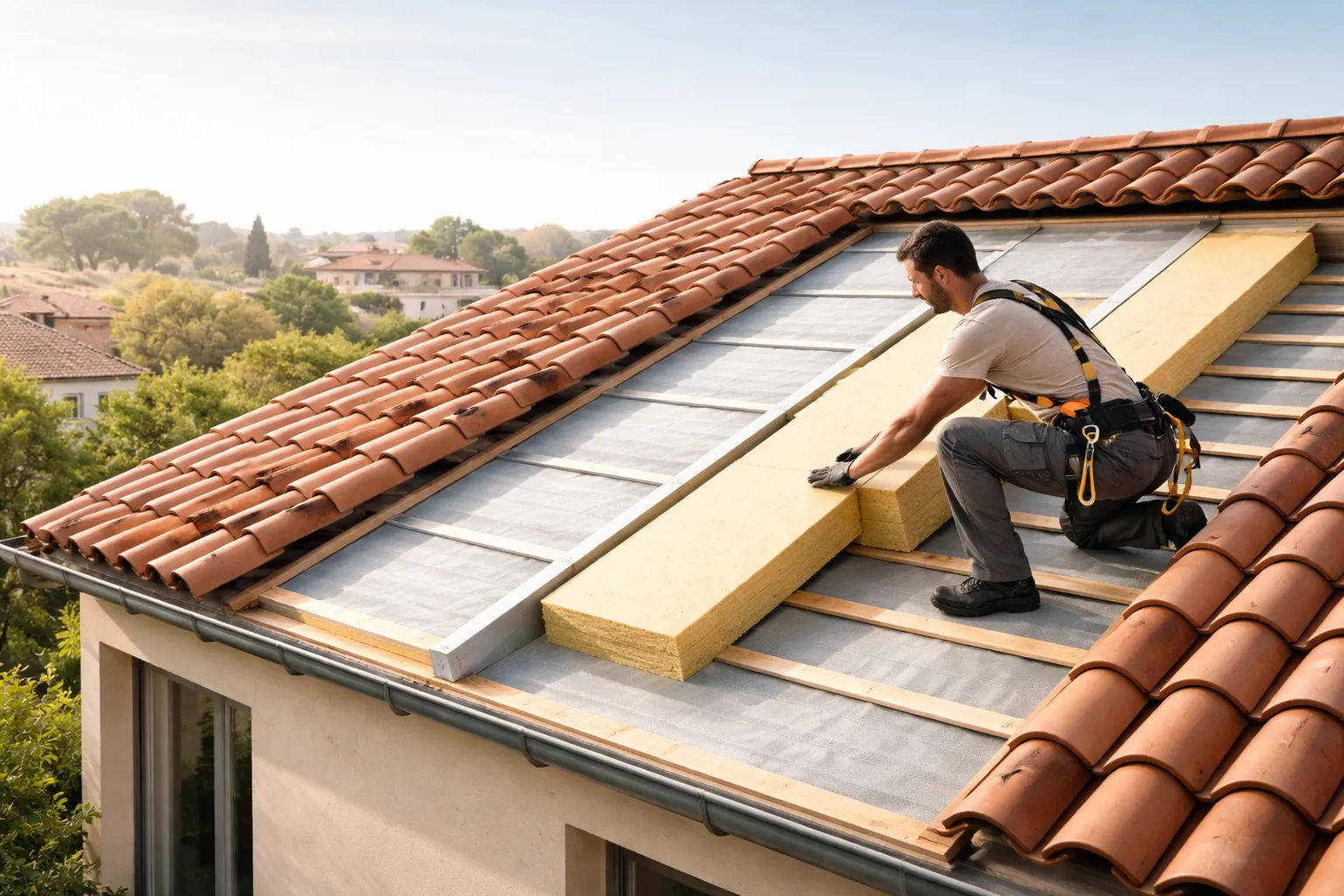 Couvreur installant une isolation thermique sur une toiture en tuiles d’une maison à Toulouse, avec une partie du toit ouverte montrant les panneaux isolants et la membrane.