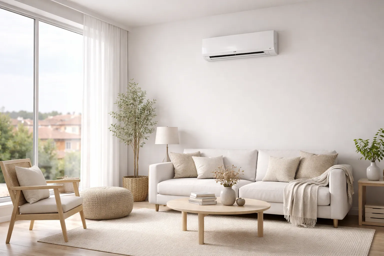 Vue d’un salon lumineux à Toulouse avec une climatisation murale moderne, illustration premium liée au prix climatisation toulouse.