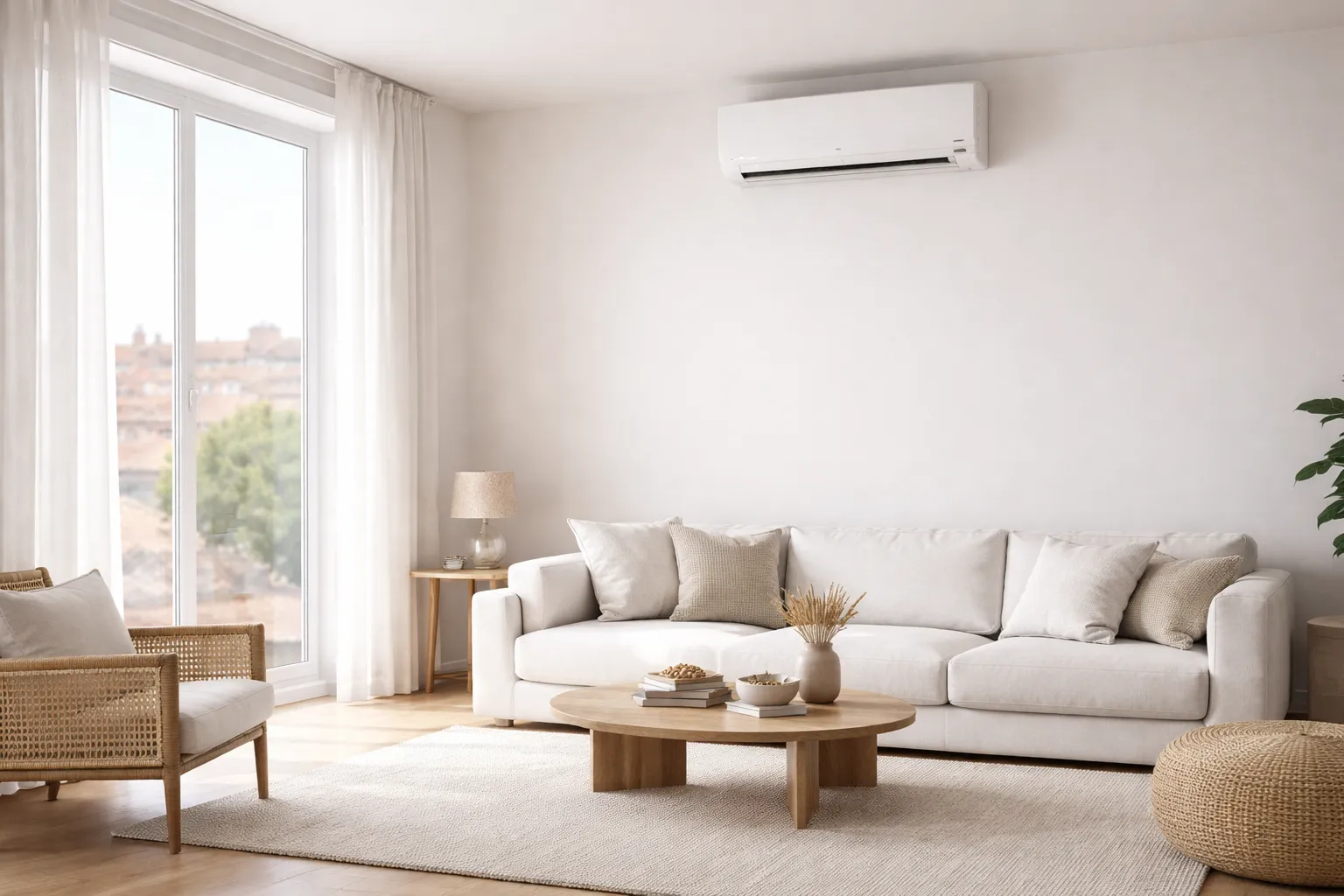 Gros plan d’un technicien vérifiant une climatisation réversible en appartement, visuel cohérent avec le prix climatisation toulouse.