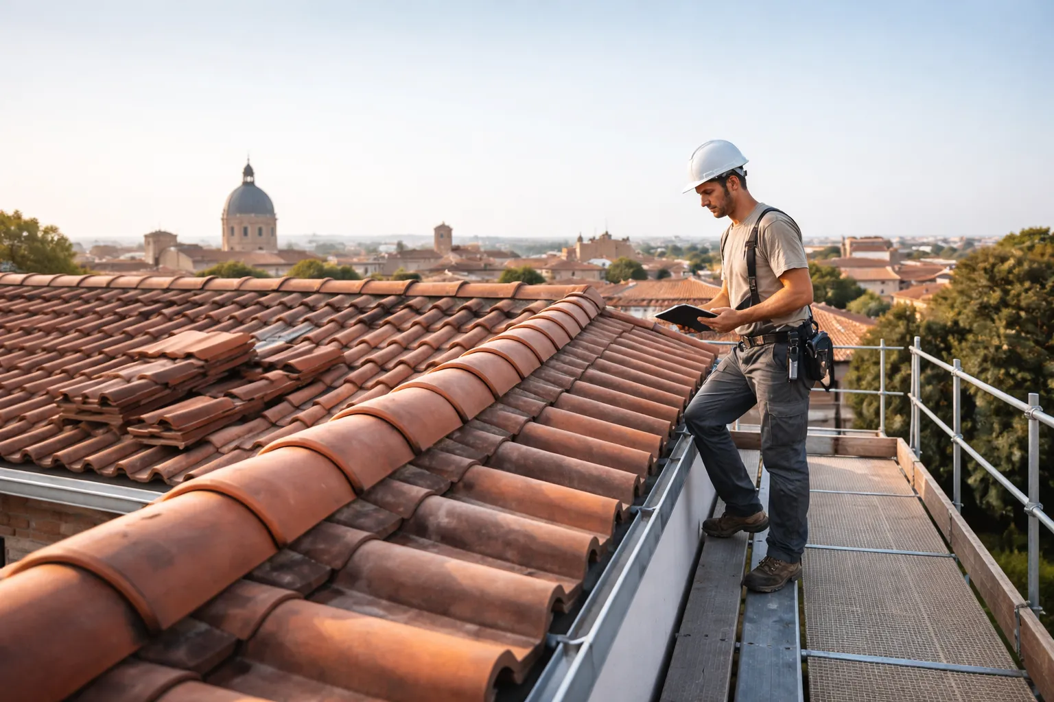Gros plan sur la pose de tuiles et l’étanchéité lors d’une rénovation toiture toulouse, avec textures réalistes et mise au point précise.