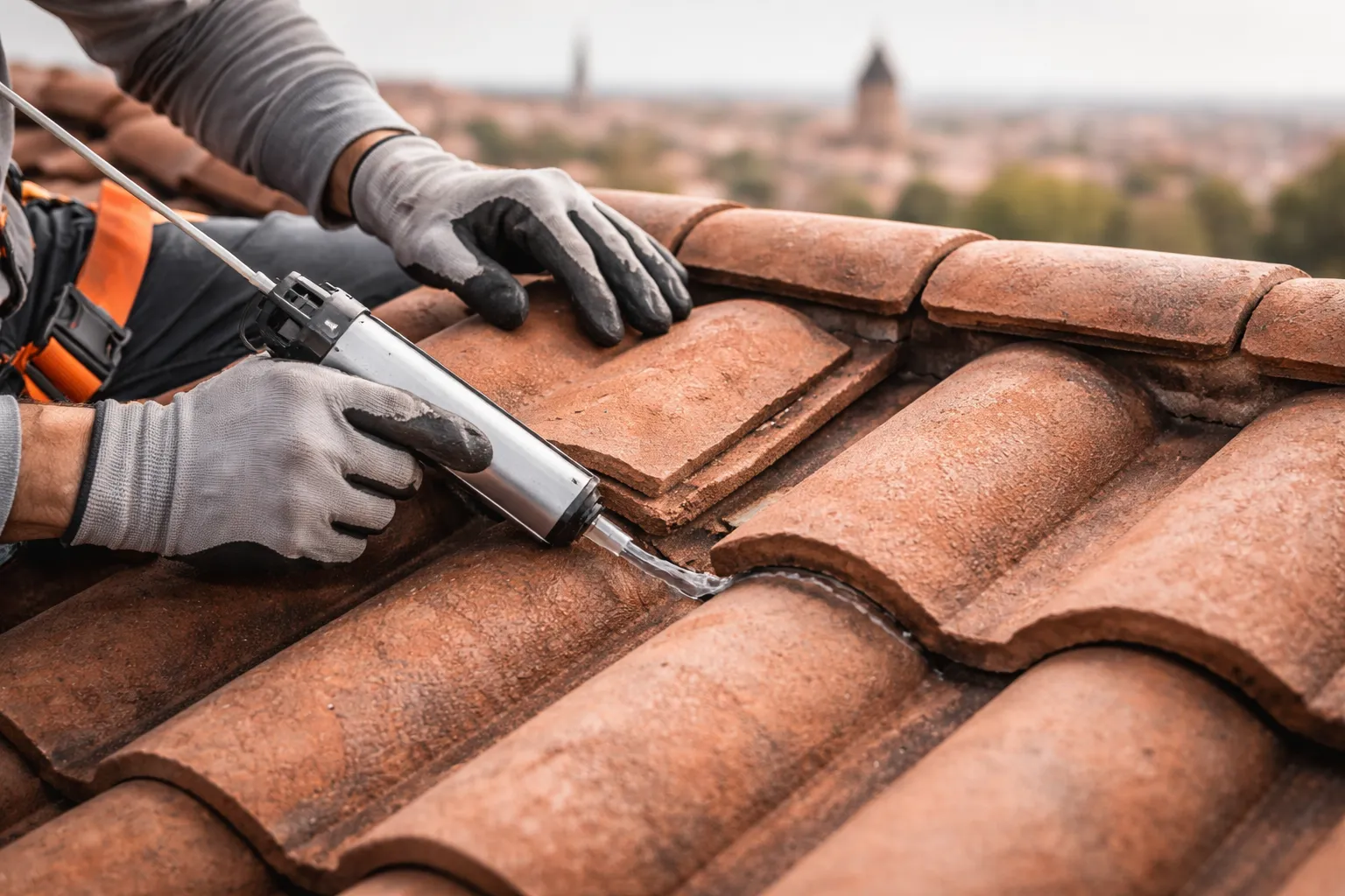 Gros plan d’un couvreur remplaçant une tuile et colmatant une fuite pour une réparation toiture toulouse, avec matériaux réalistes et lumière naturelle.