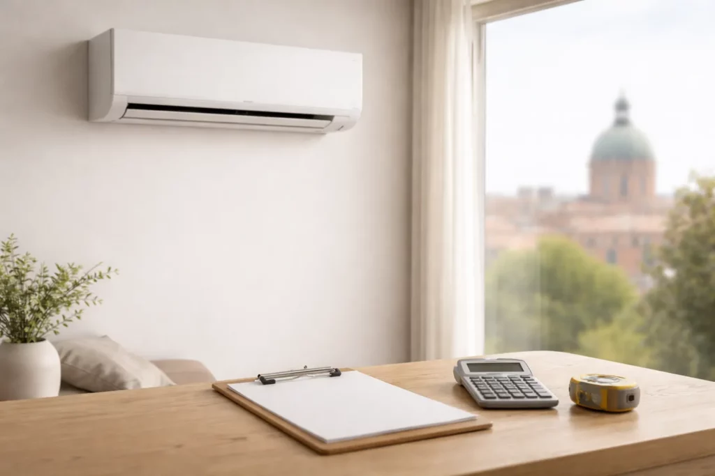 Climatiseur mural moderne dans un salon lumineux avec calculatrice et documents vierges sur une table, évoquant l’estimation du prix d’une climatisation à Toulouse