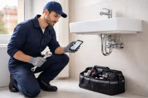 Plombier professionnel à Toulouse agenouillé sous un lavabo moderne avec une clé et un appareil d’estimation, dans une salle de bain lumineuse au style épuré