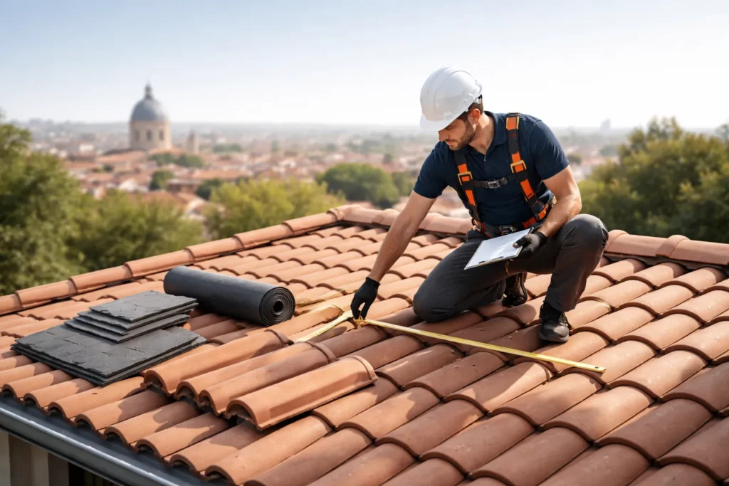 Couvreur sur un toit en tuiles à Toulouse mesurant la surface et évaluant une rénovation avec des matériaux de toiture posés à côté, en lumière naturelle.