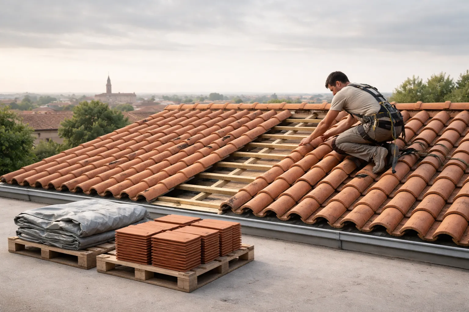 Toiture en tuiles à Toulouse en cours de rénovation avec tuiles neuves empilées et charpente partiellement visible sous une lumière naturelle