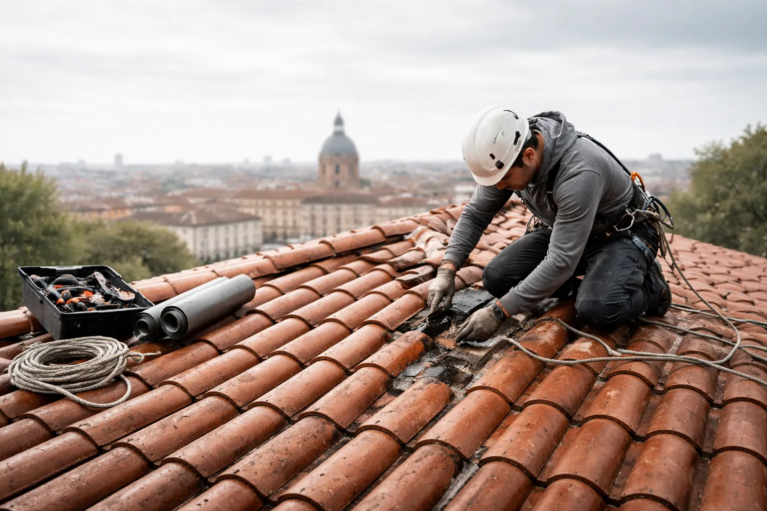 Couvreur équipé en sécurité remplaçant une tuile cassée et colmatant une fuite sur un toit en tuiles à Toulouse avec la ville en arrière-plan