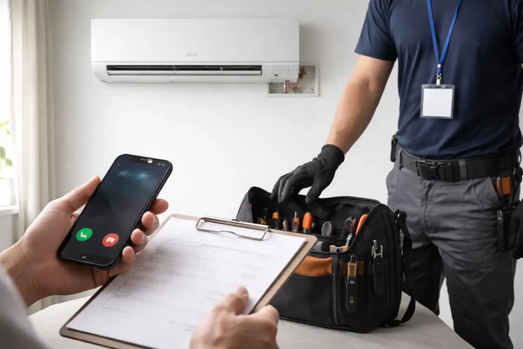 Propriétaire vérifiant un installateur de climatisation suspect devant une unité murale, avec smartphone et facture vierge dans un intérieur moderne et épuré