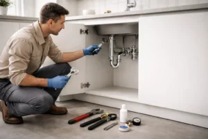 Plombier inspectant la tuyauterie sous un évier de cuisine avec des outils de maintenance pour un entretien plomberie préventif dans une maison moderne